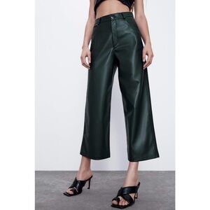 Zara Faux Leather Pants Dark Green High Waist Wide Leg Ankle